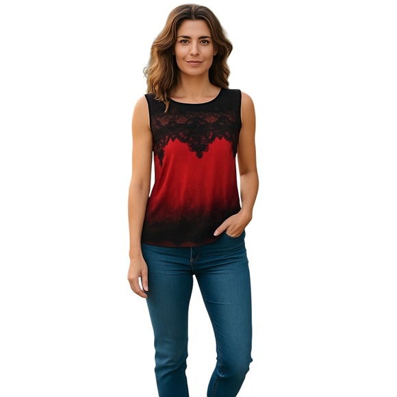 Worthington Fitted Black and Red Embellished Tank Top - Picture 1 of 6